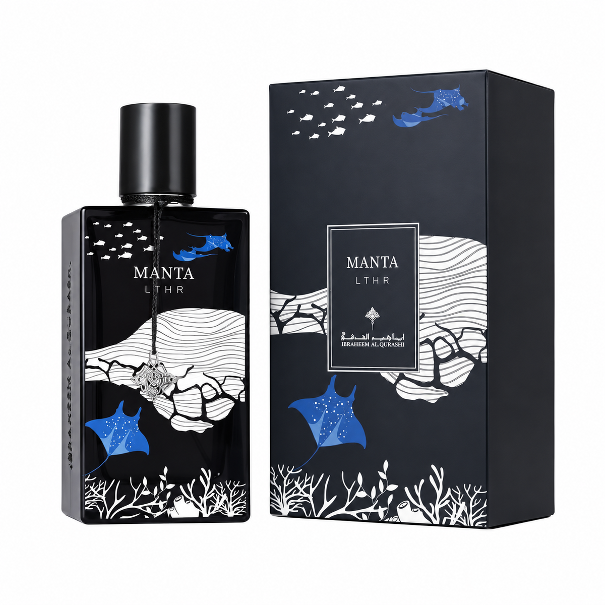Ibraheem Al Qurashi Manta LTHR 75ml Eau de Parfum bottle and box with blue manta ray artwork