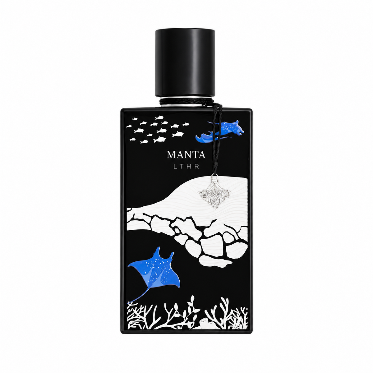 IBRAQ Manta LTHR 75ml unisex Eau de Parfum black bottle with blue manta rays