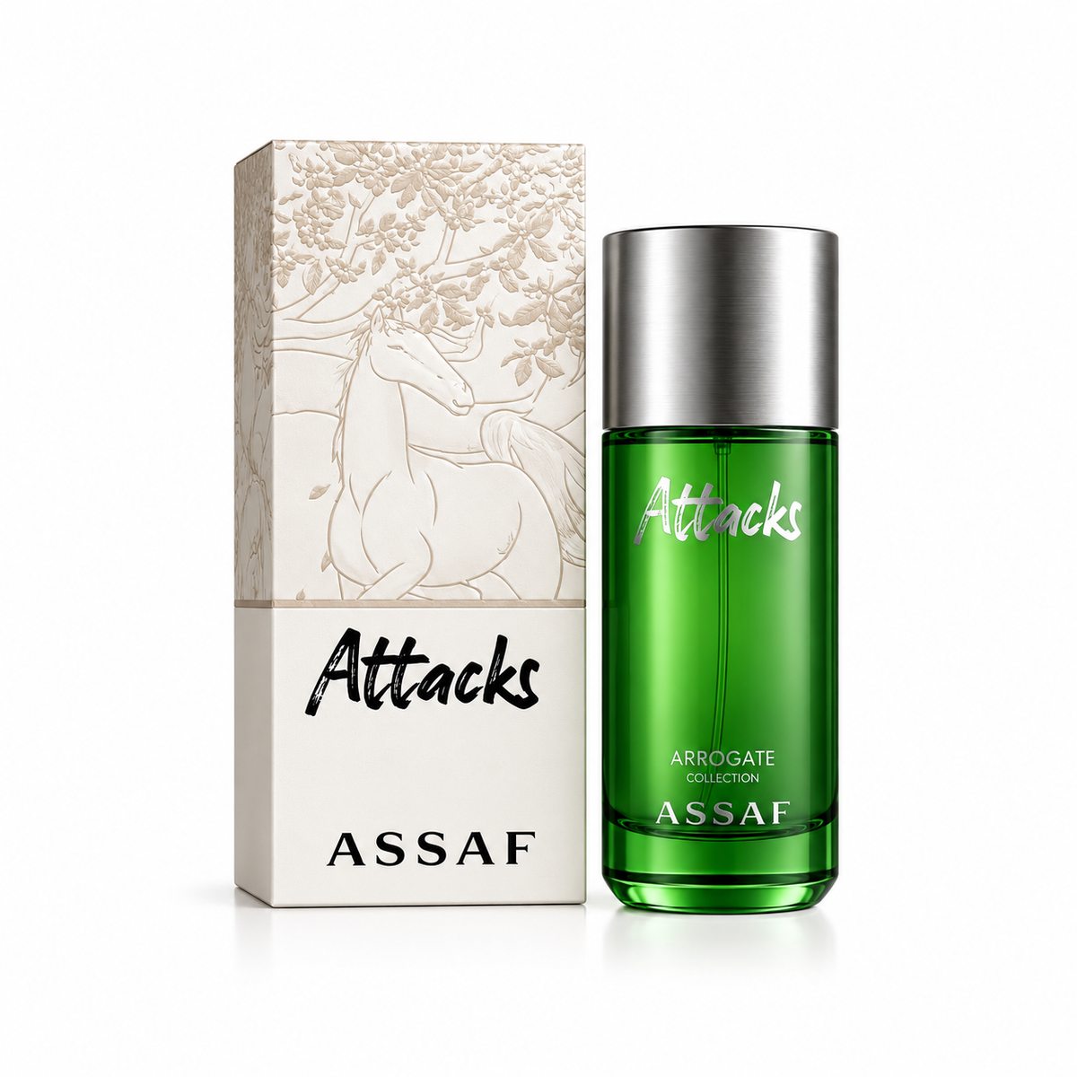 Assaf Attacks Eau de Parfum 125ml green bottle with silver cap on a white background