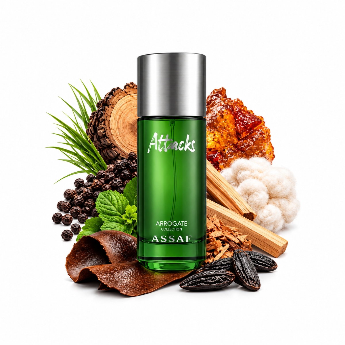 Assaf Attacks Eau de Parfum 125ml green bottle with silver cap on a white background with_surrounding_ingredients