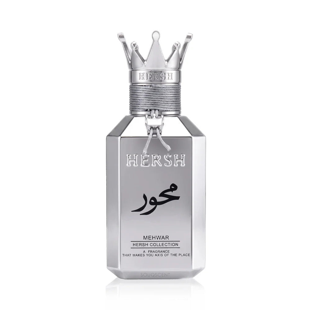 Alezz Oud Hersh Mehwar Eau de Parfum 100ml silver bottle with crown-shaped cap on a white background