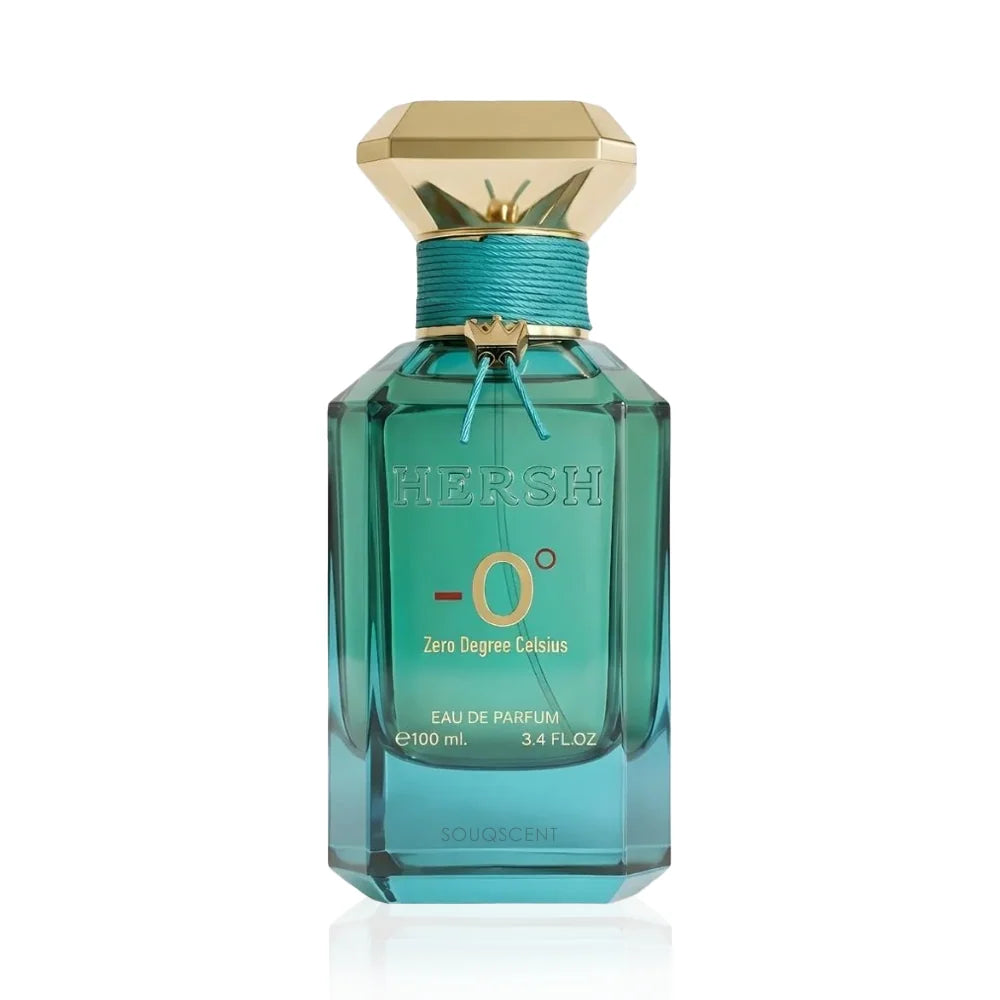 Alezz Oud Hersh Zero Degree Celsius Eau de Parfum 100ml turquoise bottle with gold cap on a white background