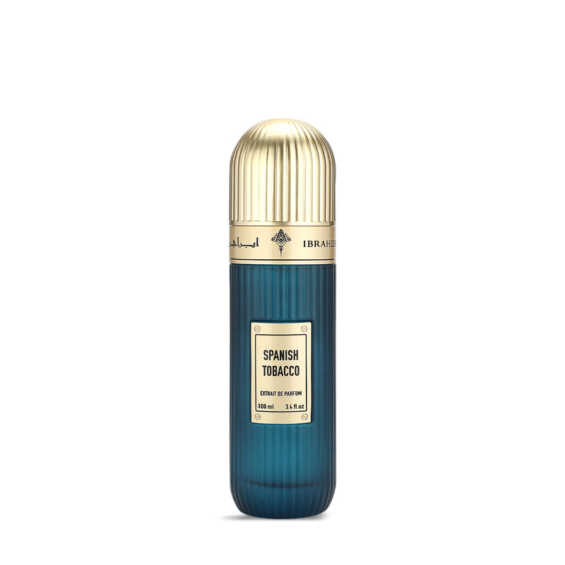 Ibraheem Al Qurashi Spanish Tobacco Extrait de Parfum 100ml teal bottle with box