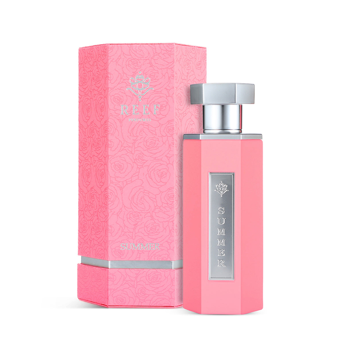 Reef Summer Pink Eau de Parfum 100ml pink hexagonal bottle with pink box