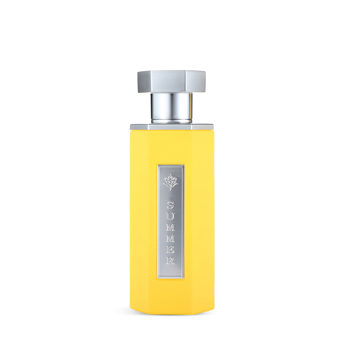 Reef Summer Yellow Eau de Parfum 100ml sunshine yellow bottle front view with silver Summer plaque