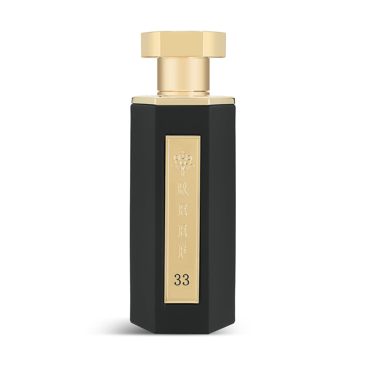 Reef 33 Eau de Parfum 100ml matte black bottle front view with Reef crown crest gold plaque