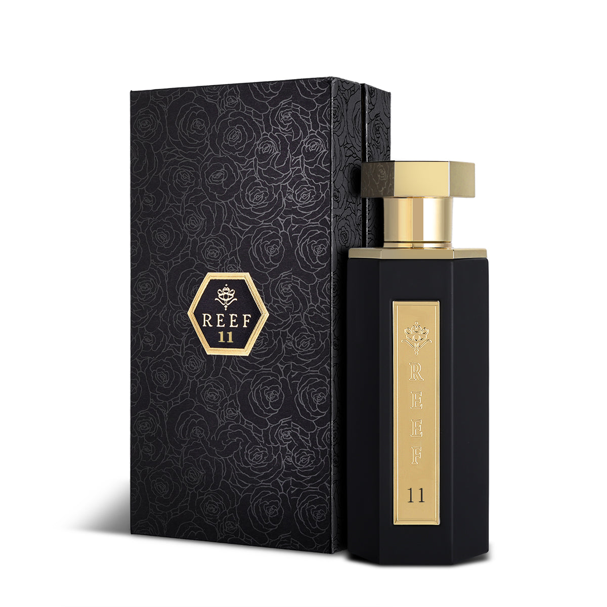 Reef 11 Eau de Parfum 100ml matte black hexagonal bottle with rose-embossed black box