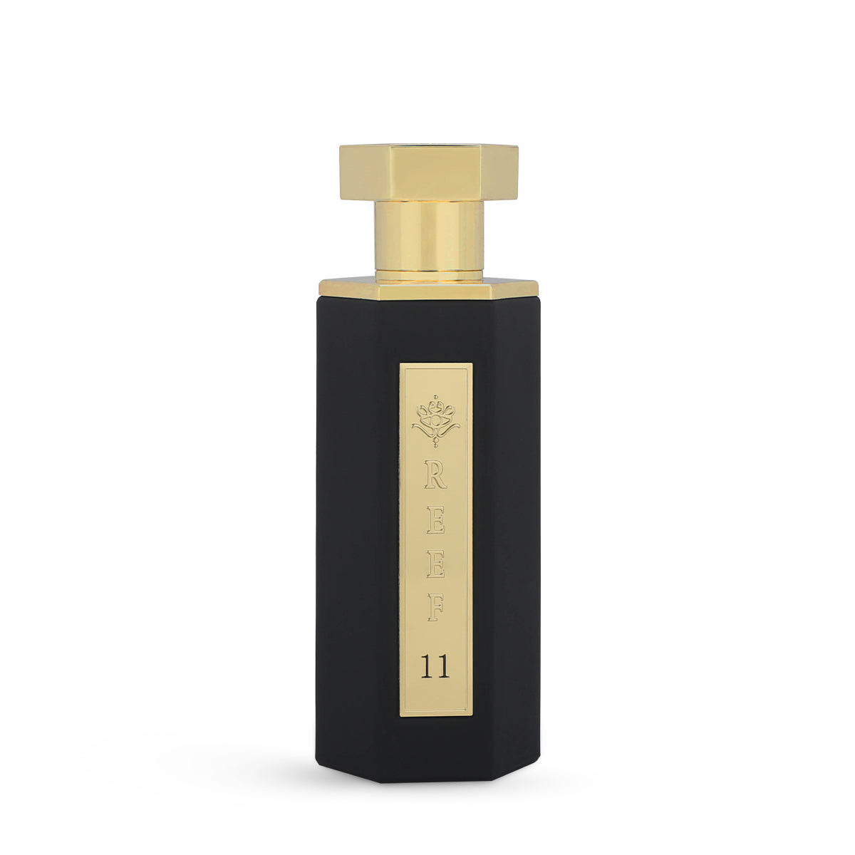 Reef 11 Eau de Parfum 100ml matte black bottle with gold REEF 11 plaque front view