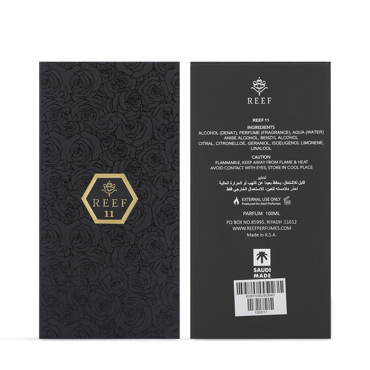 Reef 11 Eau de Parfum 100ml rose-embossed black box front and back with full ingredients list