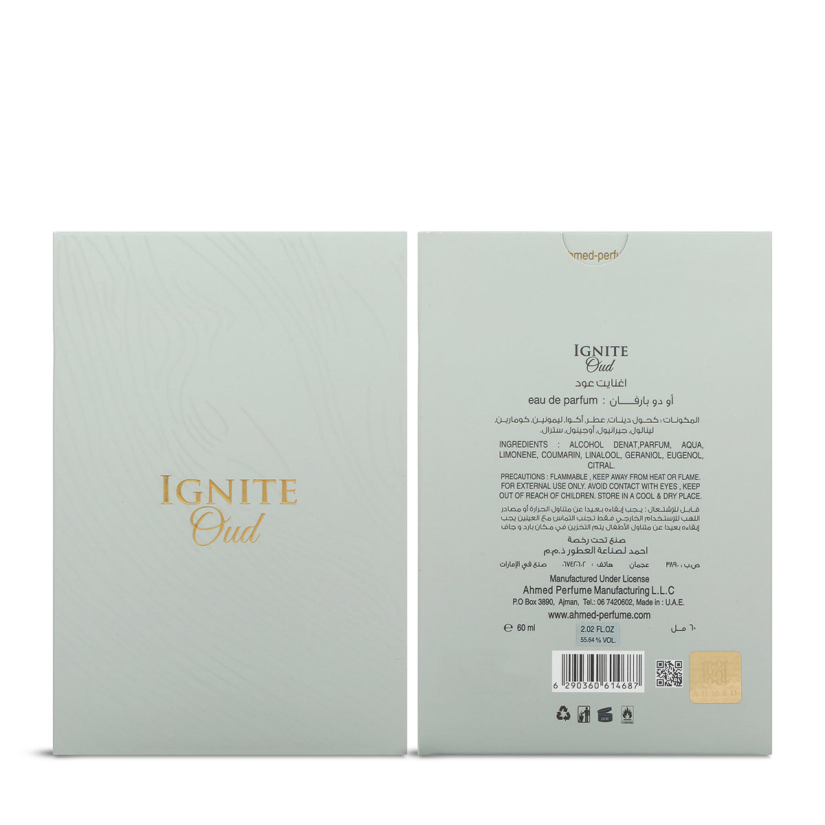 Ignite Oud Eau de Parfum 60ml box front and back with ingredients