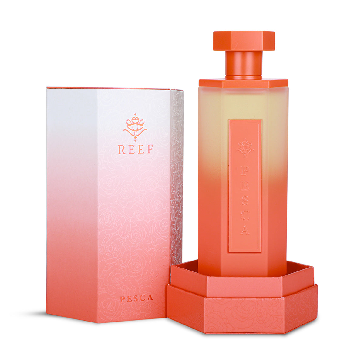 Reef Pesca Eau de Parfum 200ml coral bottle with box side view