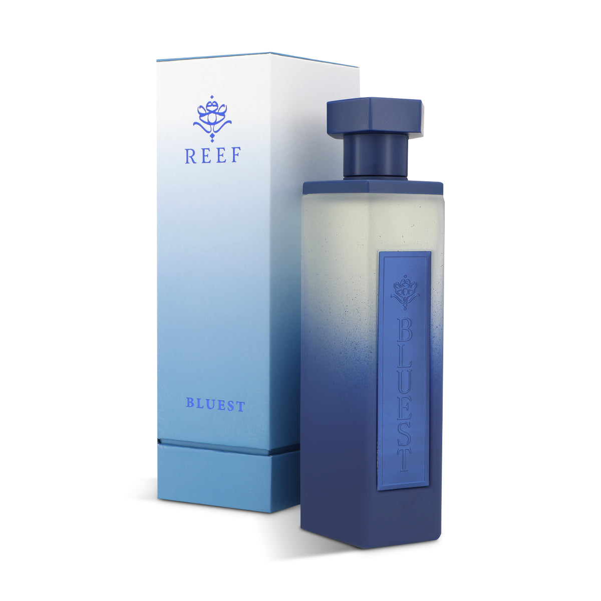 Reef Bluest Eau de Parfum 200ml bottle with white and blue ombré box side view