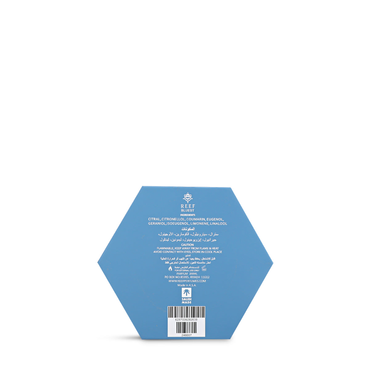 Reef Bluest Eau de Parfum 200ml hexagonal box back with ingredients list