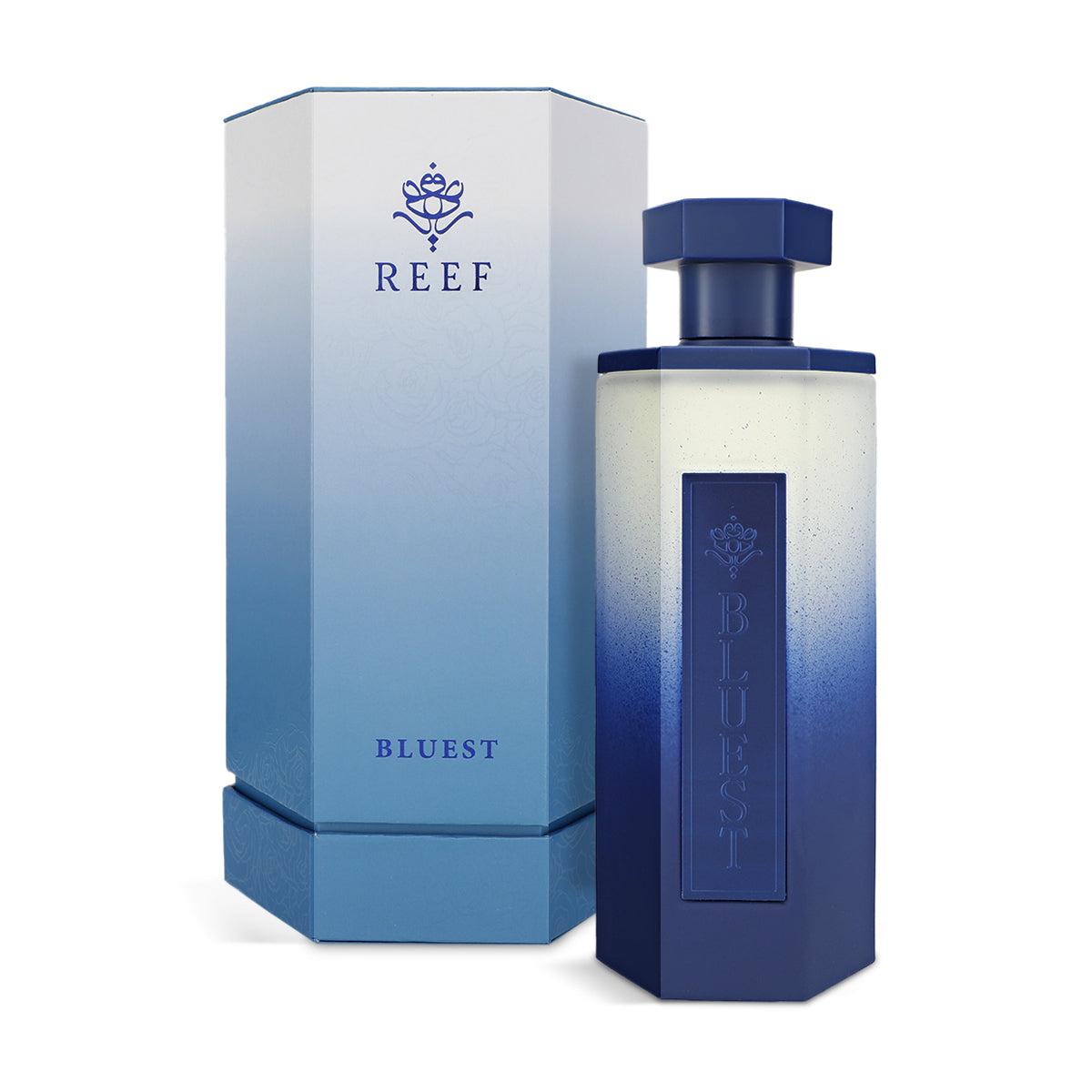 Reef Bluest Eau de Parfum 200ml navy ombré bottle with hexagonal blue ombré box