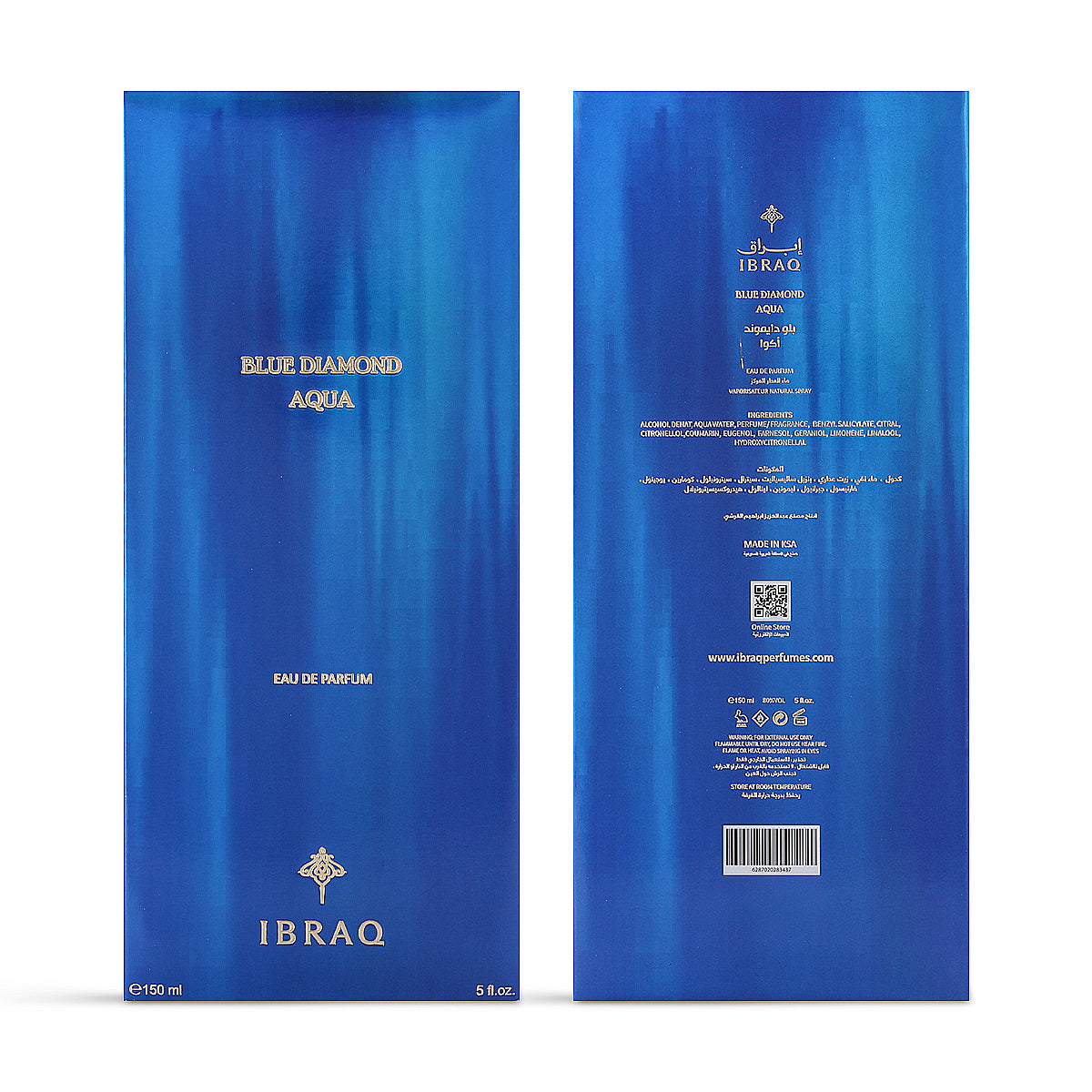 IBRAQ Blue Diamond Aqua Eau de Parfum 150ml blue box front and back with ingredients