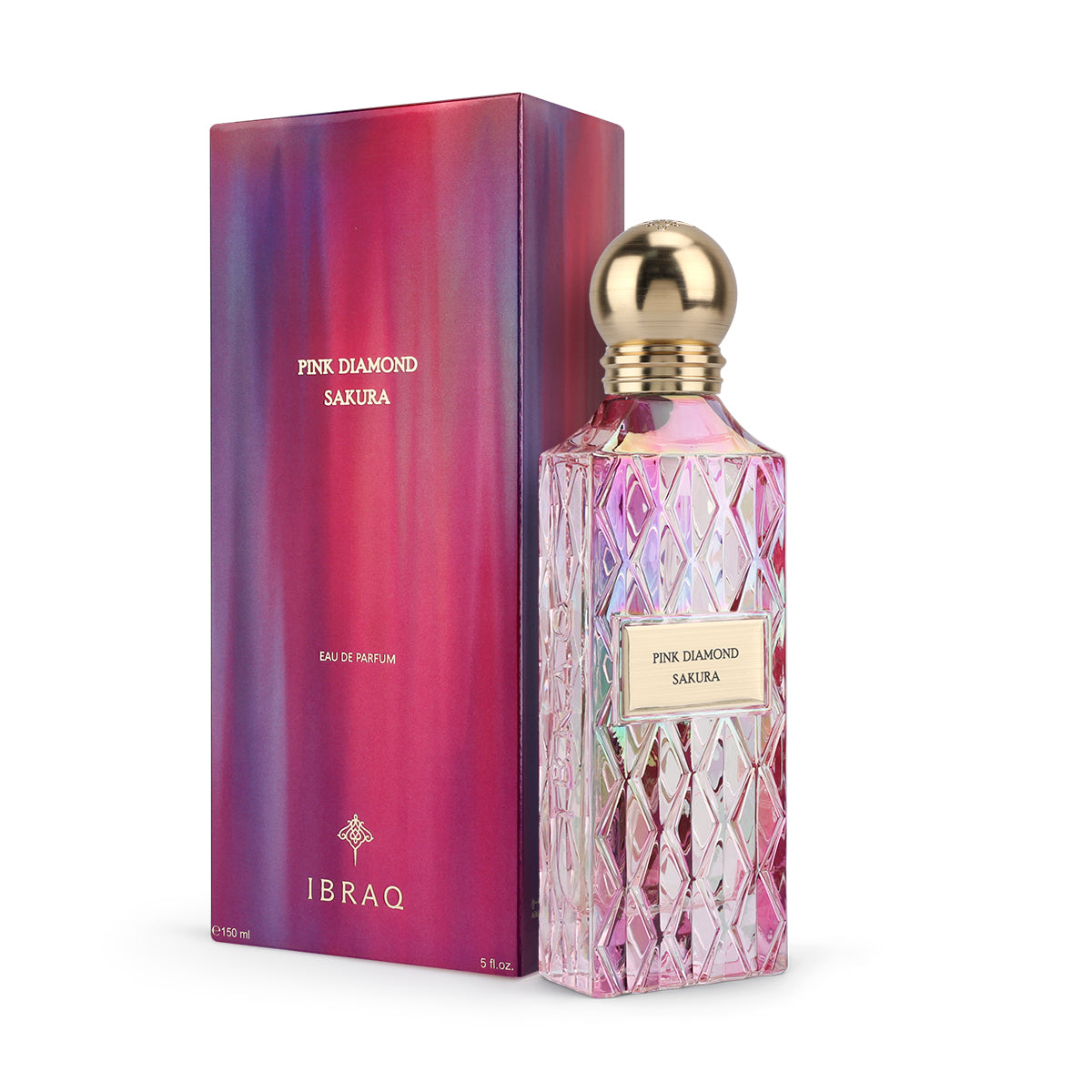 IBRAQ Pink Diamond Sakura Eau de Parfum 150ml bottle and box side view