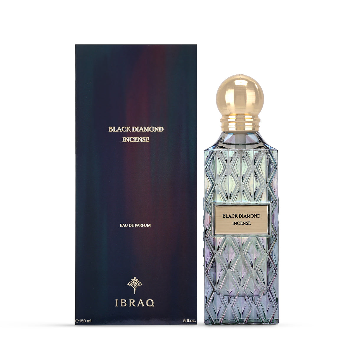 IBRAQ Black Diamond Incense Eau de Parfum 150ml bottle and box side view