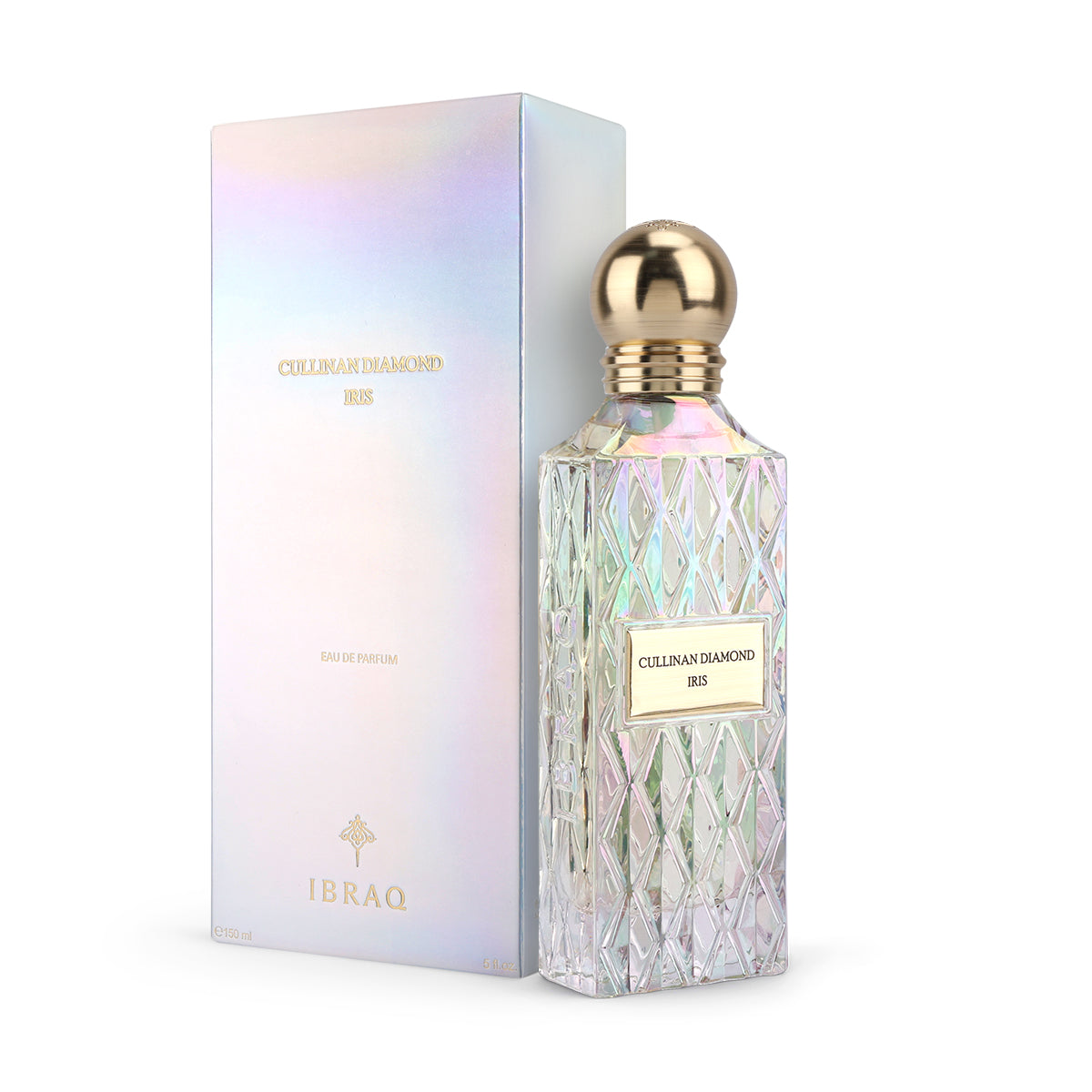 IBRAQ Cullinan Diamond Iris Eau de Parfum 150ml holographic crystal bottle side view
