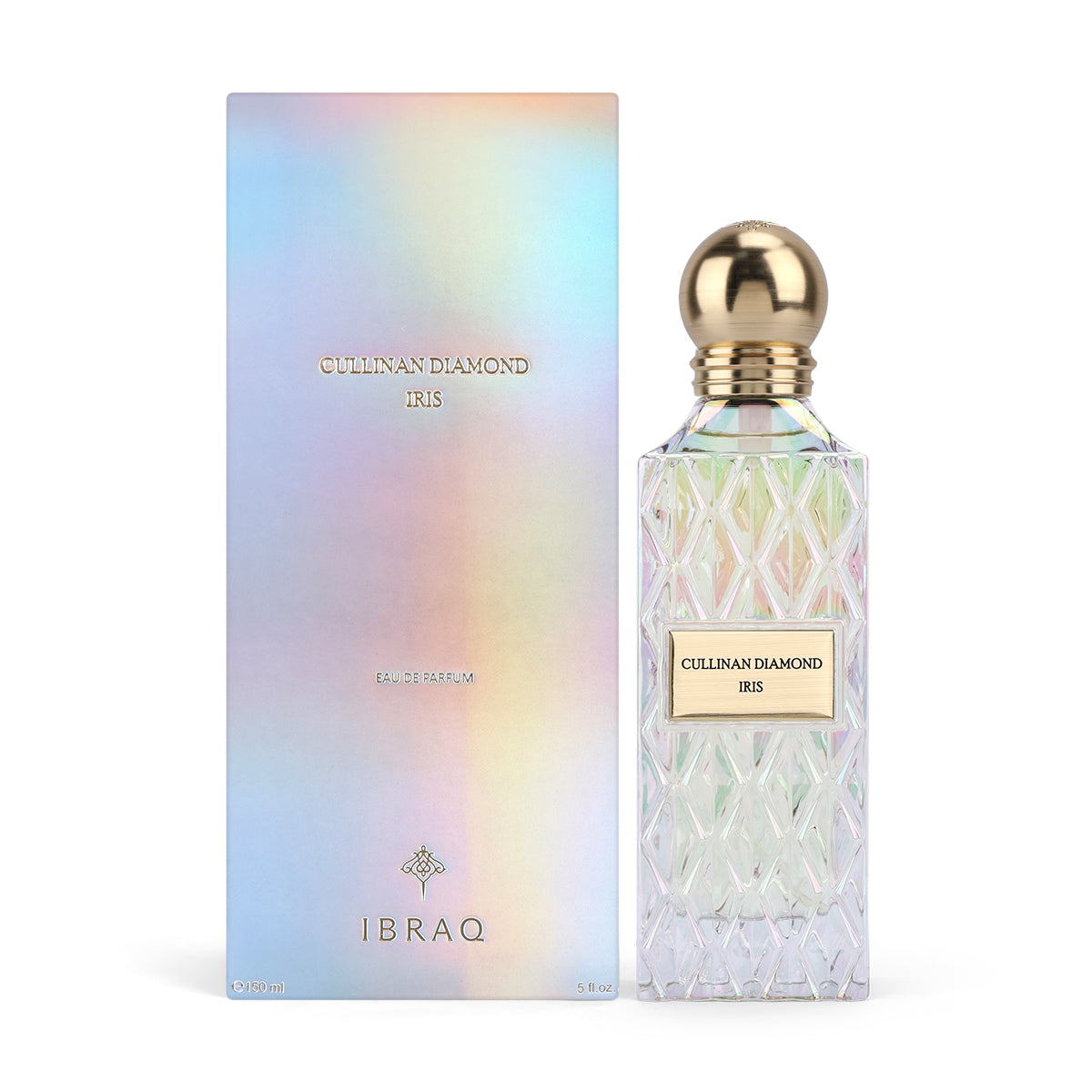 IBRAQ Cullinan Diamond Iris Eau de Parfum 150ml bottle and iridescent box together