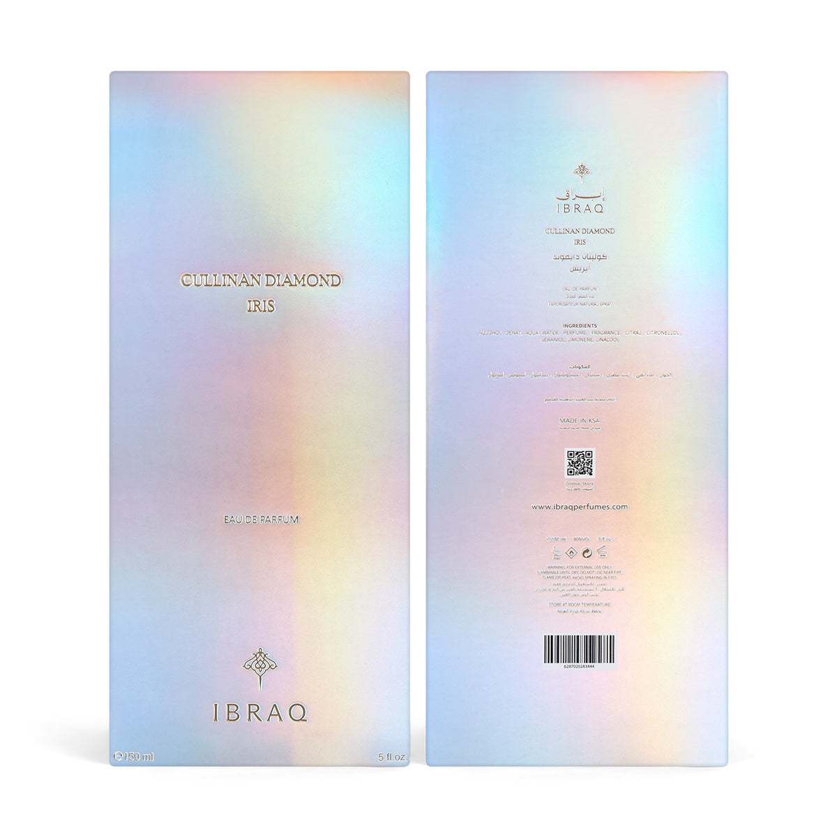IBRAQ Cullinan Diamond Iris Eau de Parfum 150ml iridescent box front and back with ingredients