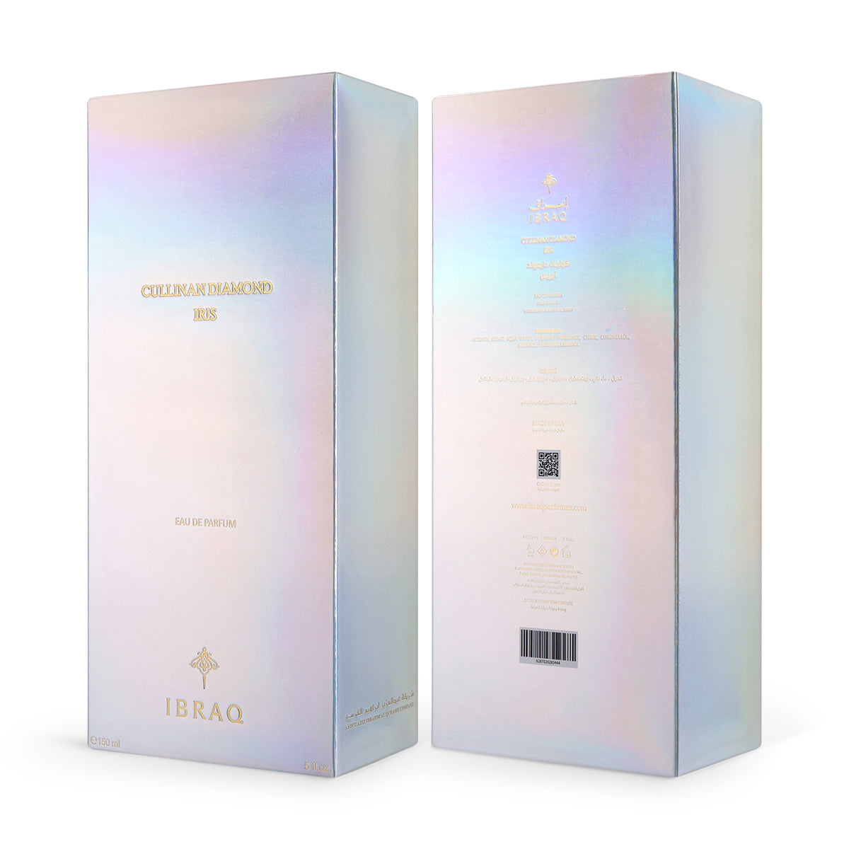IBRAQ Cullinan Diamond Iris Eau de Parfum 150ml box open and closed detail