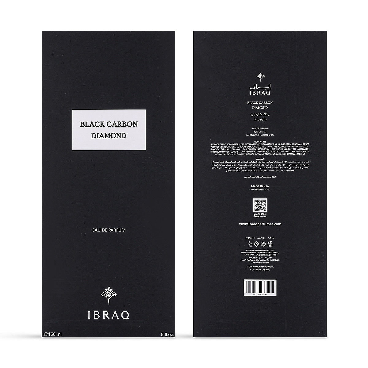 IBRAQ Black Carbon Diamond Eau de Parfum 150ml box front and back with ingredients