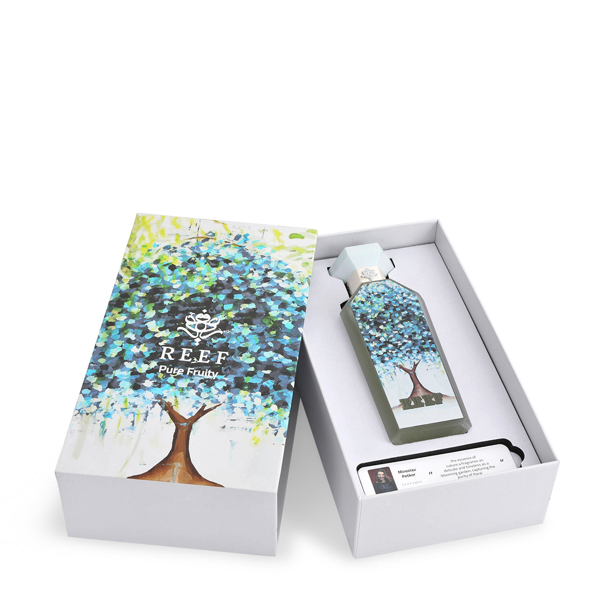 Reef Pure Fruity Parfum 150ml open gift box with bottle and perfumer card