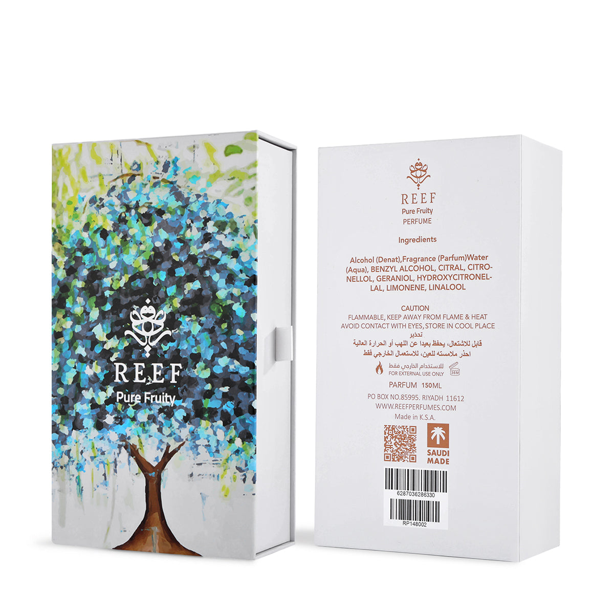Reef Pure Fruity Parfum 150ml box front and back with full ingredients list