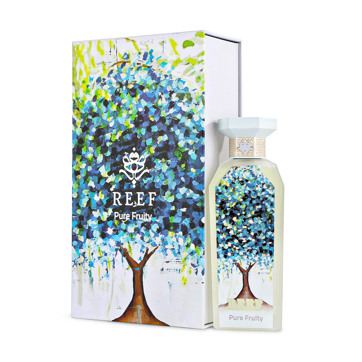 Reef Pure Fruity Parfum 150ml frosted bottle with painted blue-green tree and illustrated box