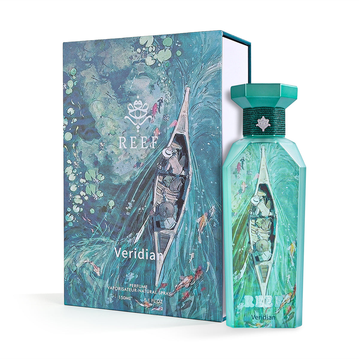 Reef Veridian Eau de Parfum 150ml teal artwork bottle with illustrated box