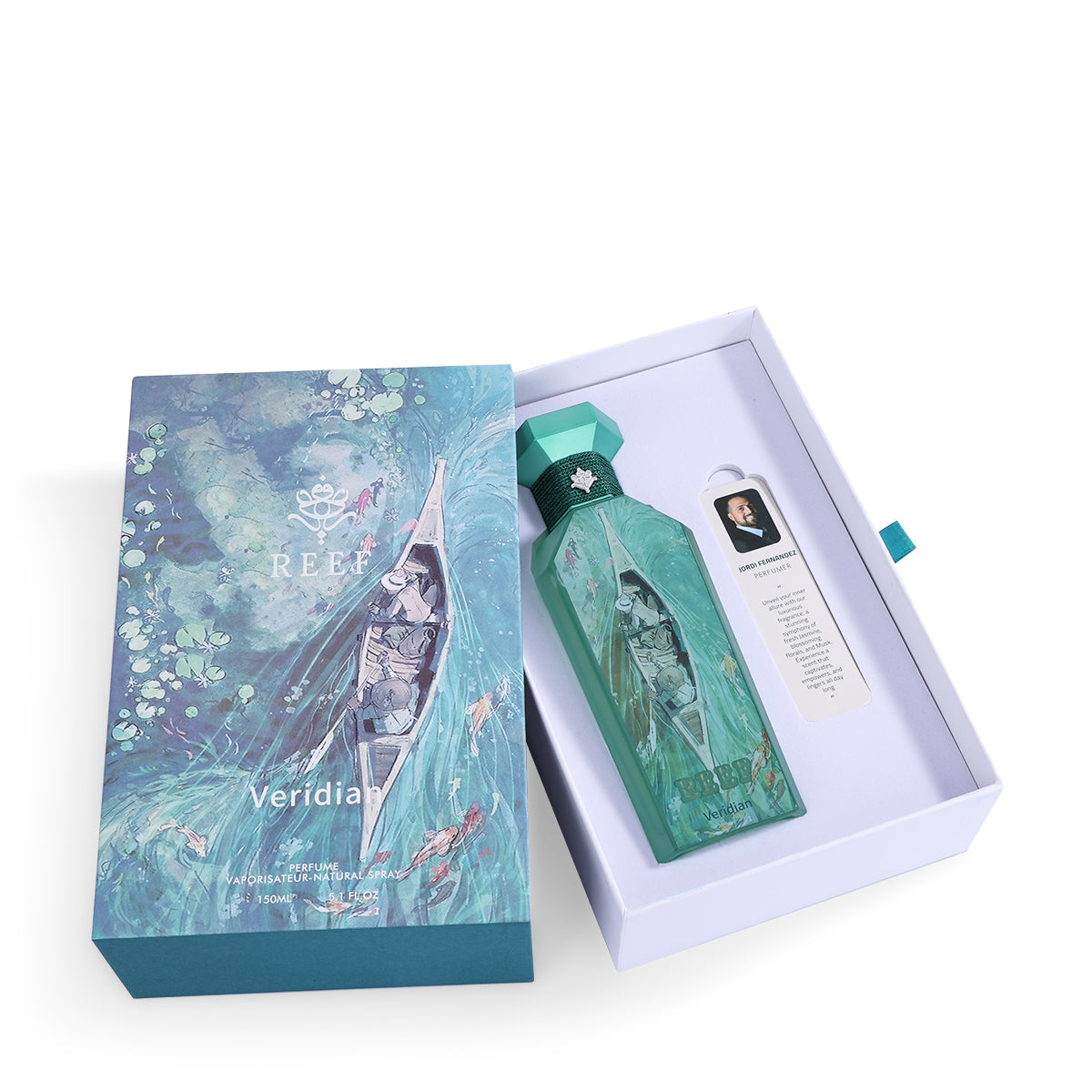 Reef Veridian Eau de Parfum 150ml bottle in open gift box with perfumer card