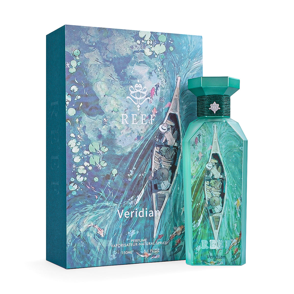 Reef Veridian Eau de Parfum 150ml bottle and illustrated teal box side by side
