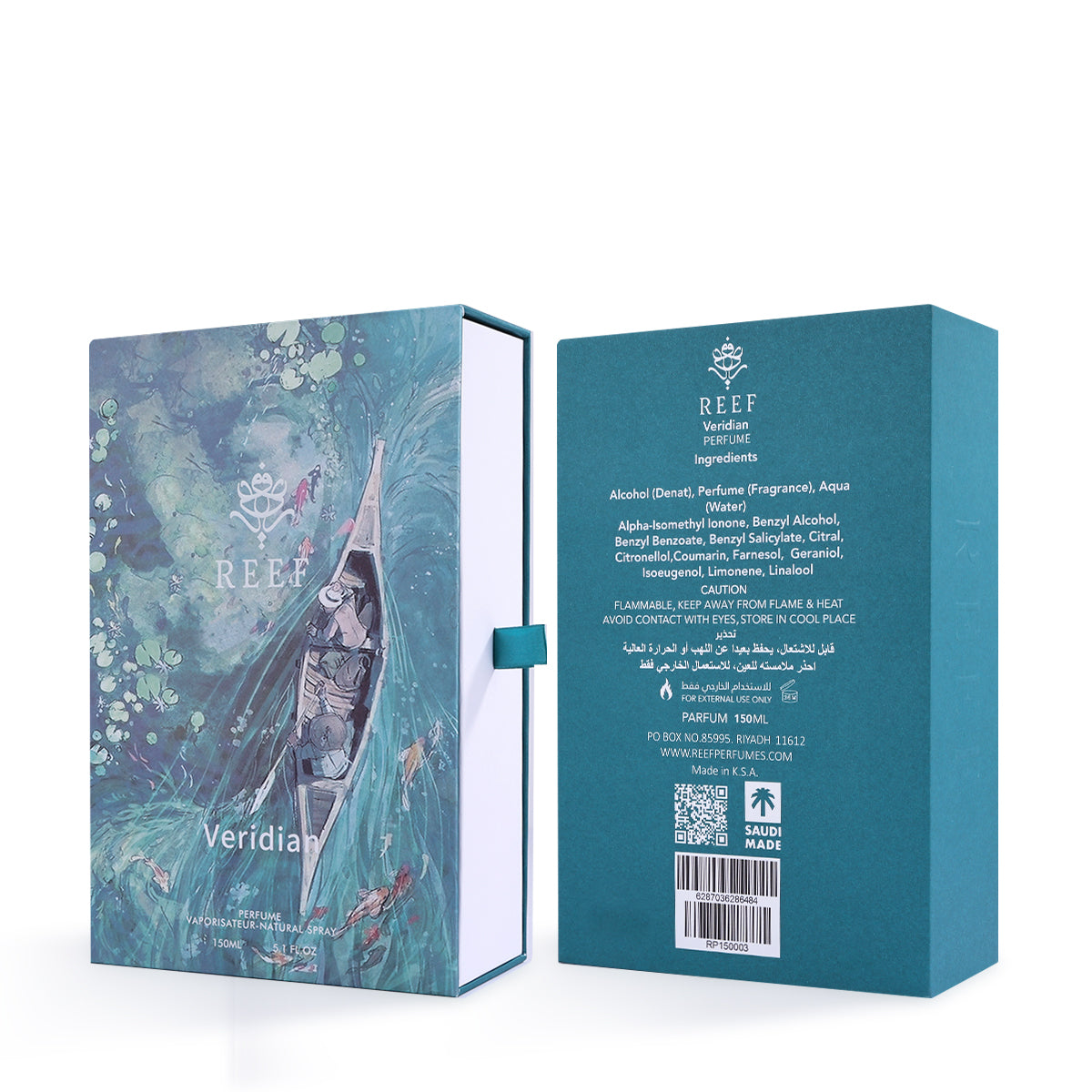 Reef Veridian Eau de Parfum 150ml box open and closed showing ingredients on back