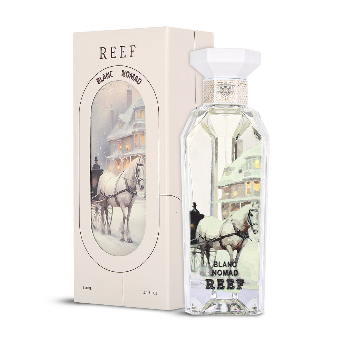 Reef Blanc Nomad Eau de Parfum 150ml crystal artwork bottle with winter horse-carriage box