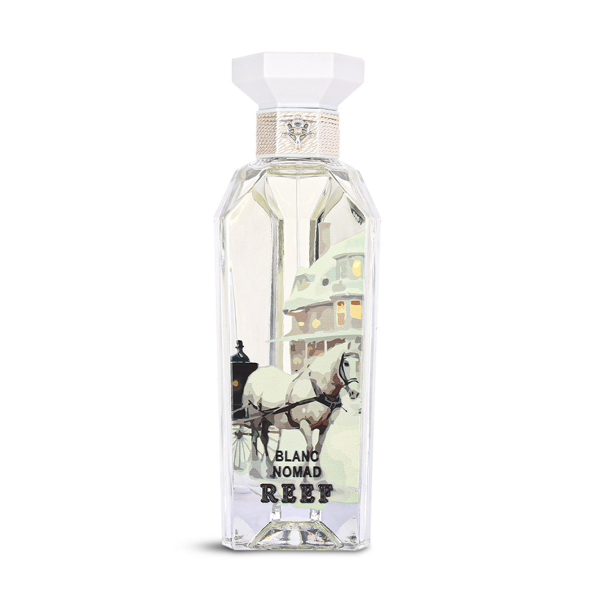 Reef Blanc Nomad Eau de Parfum 150ml crystal bottle front view with winter horse-carriage artwork