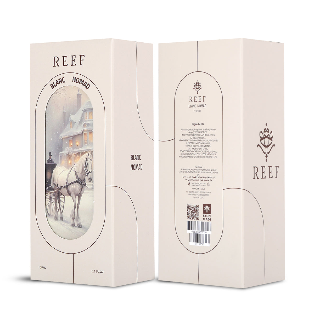 Reef Blanc Nomad Eau de Parfum 150ml cream box front and back with ingredients