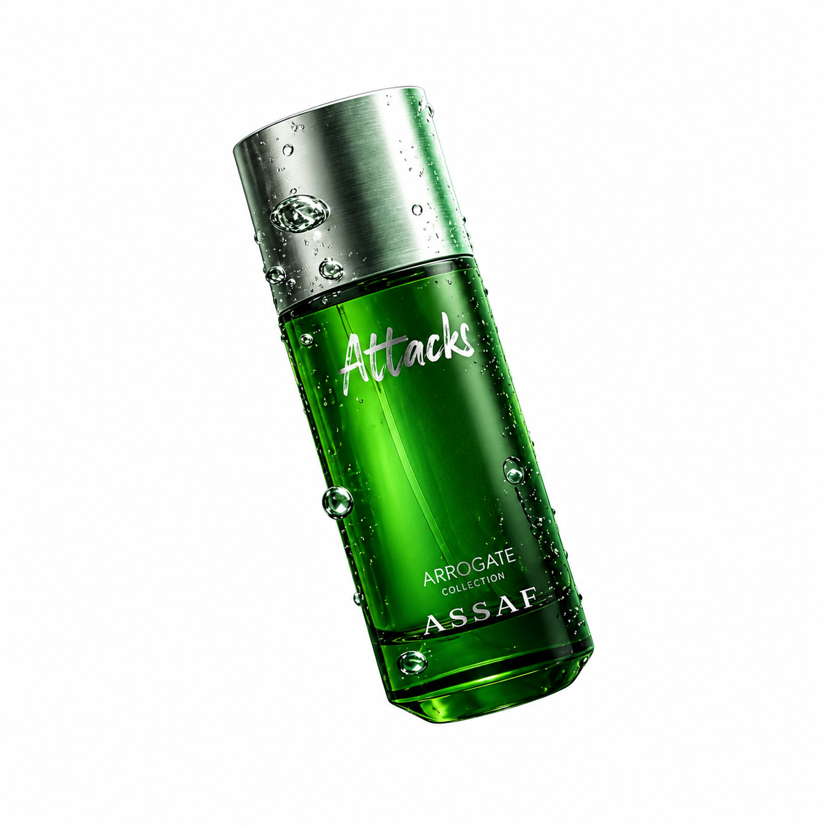 Assaf Attacks Eau de Parfum 125ml green bottle with silver cap on a white background