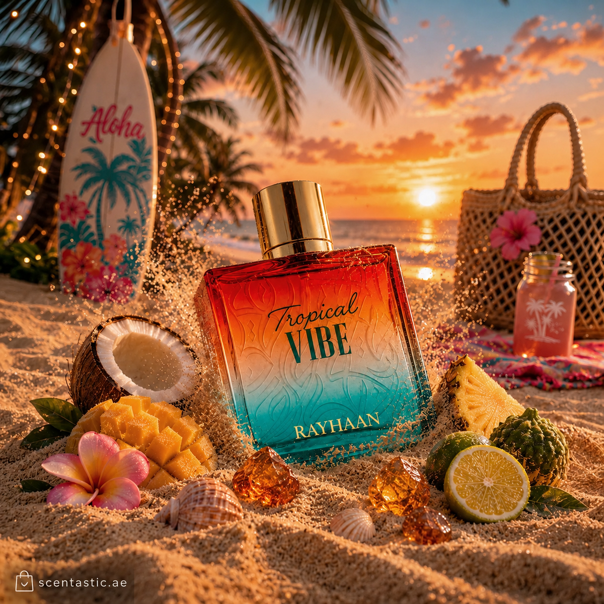 Rayhaan Tropical Vibe perfume with tropical fruits on a sunset beach