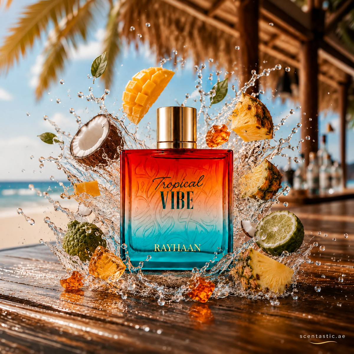 Rayhaan Tropical Vibe bottle surrounded by tropical fruit and splashing water