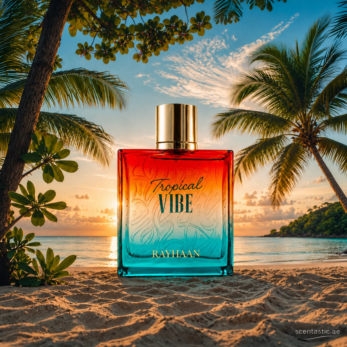 Rayhaan Tropical Vibe perfume bottle on a tropical beach at sunset