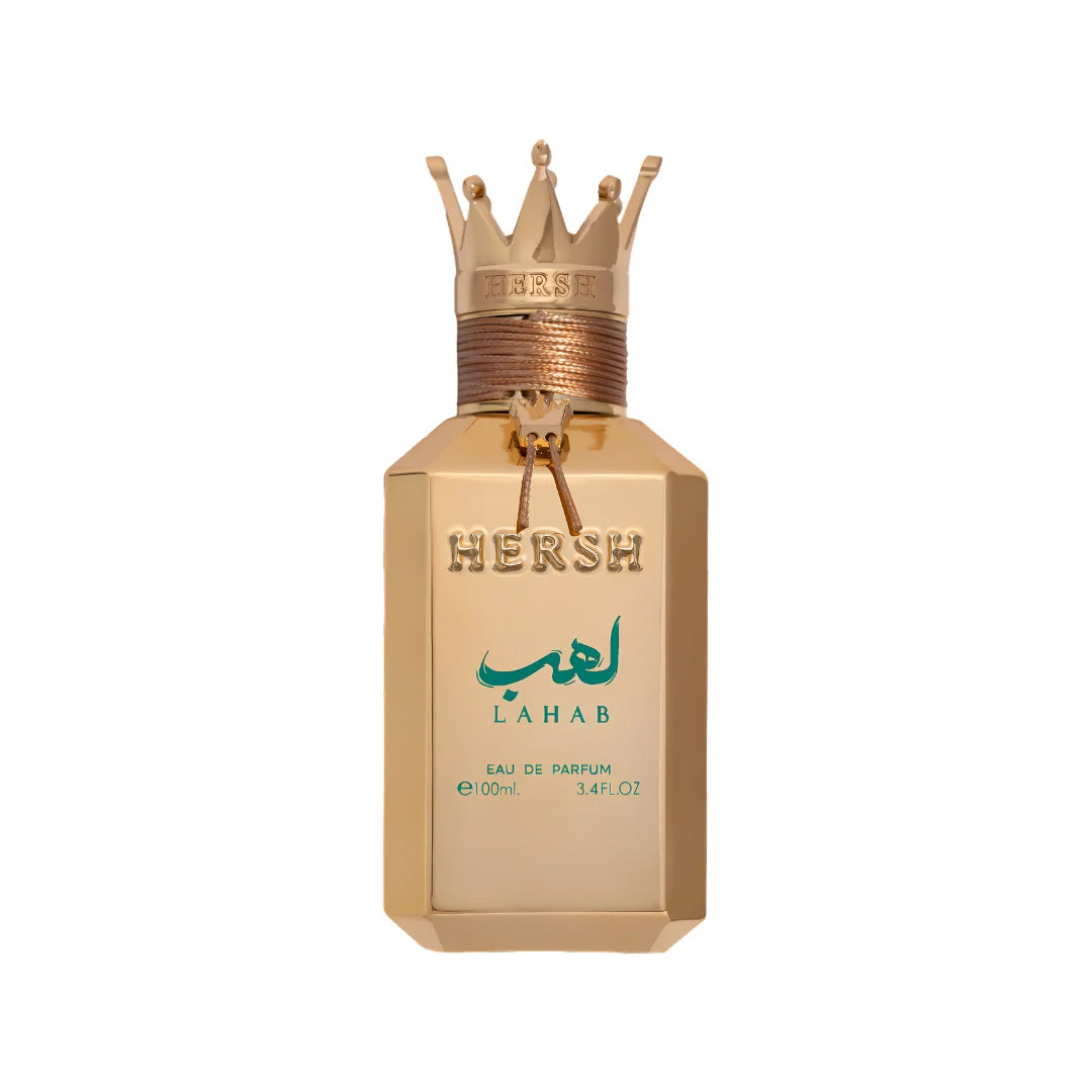 Alezz Oud Hersh Lahab Eau de Parfum 100ml gold bottle with crown-shaped cap on a white background