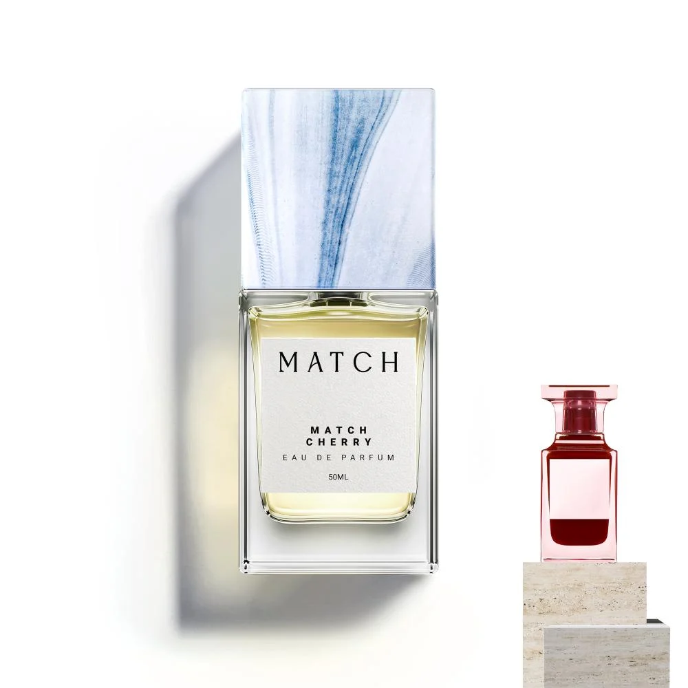 Match Cherry Eau de Parfum 50ml bottle flat lay with reference fragrance