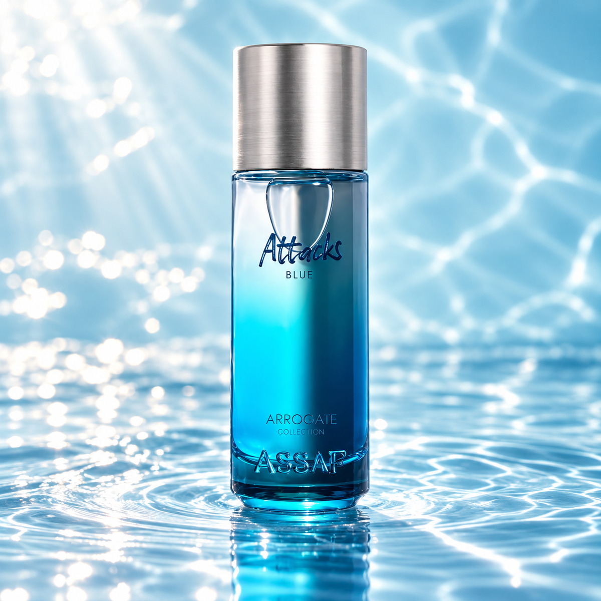 Assaf Attacks Blue perfume bottle against a blue water background
