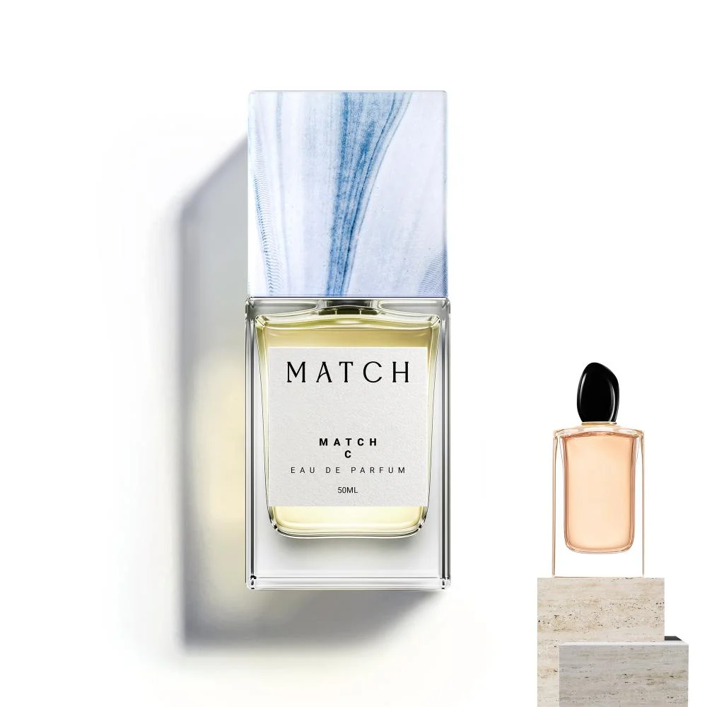 Match C Eau de Parfum 50ml bottle flat lay with reference fragrance