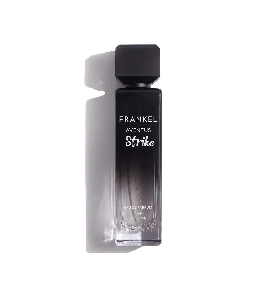Assaf Frankel Aventus Strike Eau de Parfum 200ml black gradient bottle with black cap on a white background