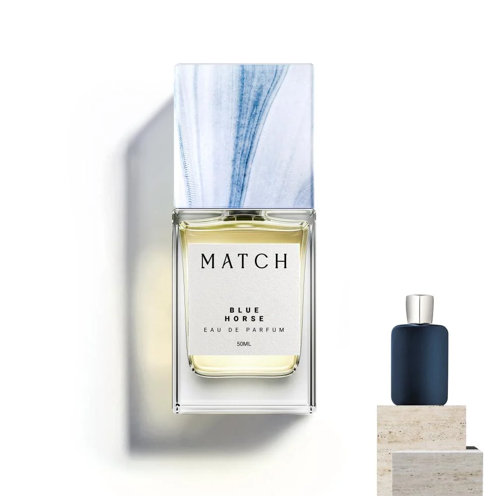 Match Blue Horse Eau de Parfum 50ml bottle flat lay with reference fragrance