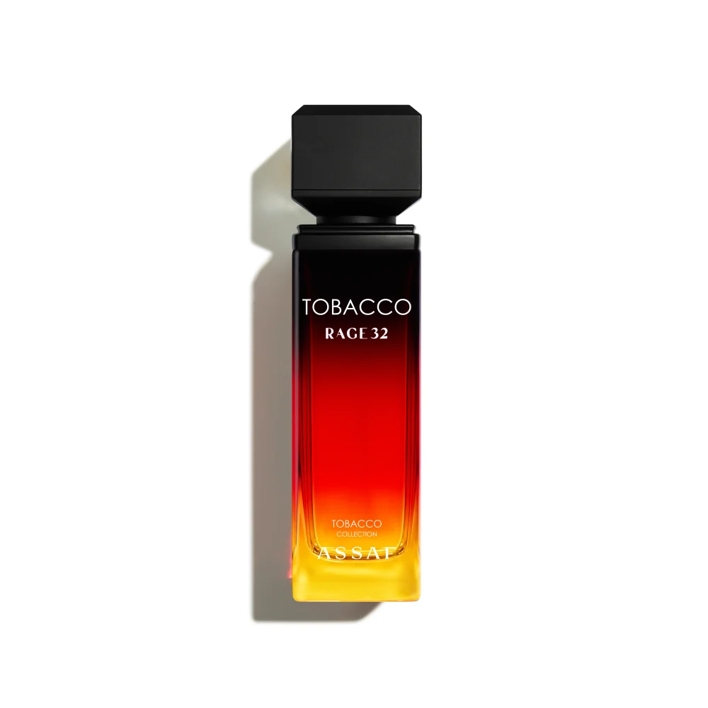 Assaf Tobacco Rage 32 perfume bottle with black cap and red-to-yellow gradient