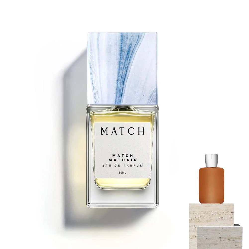 Match Mathair Eau de Parfum 50ml bottle flat lay with reference fragrance