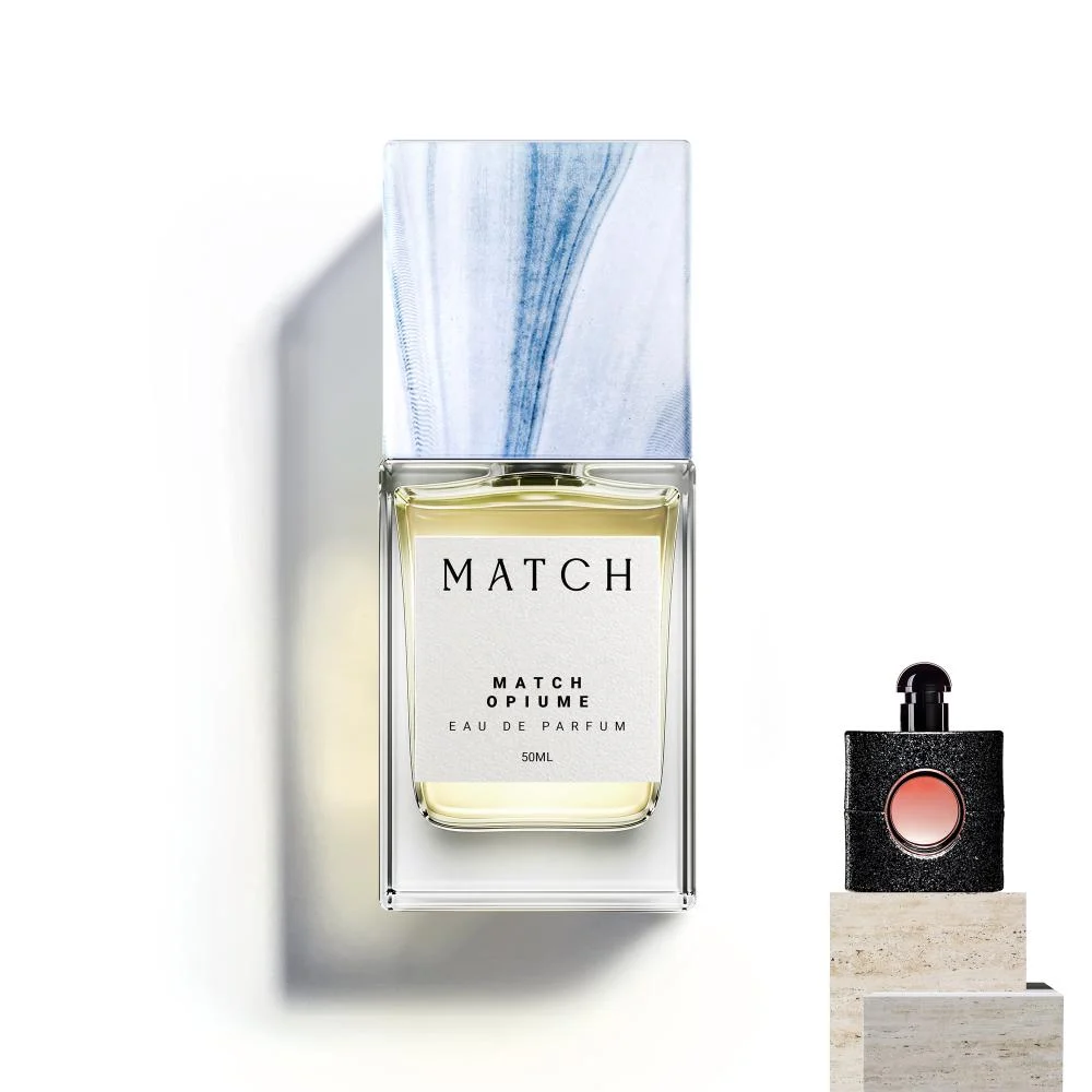 Match Opiume Eau de Parfum 50ml bottle flat lay with reference fragrance