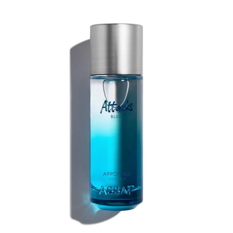 Assaf Attacks Blue perfume bottle on a white background